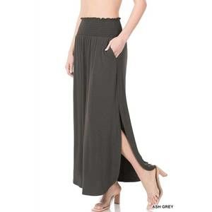 NEW NINEXIS smocked waist side slit maxi skirt with pockets in ash grey